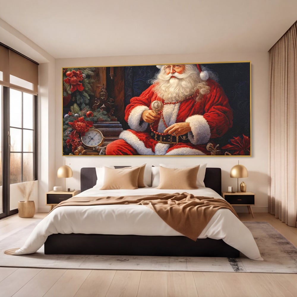 Tablou canvas cu mos craciun cu haina rosie, in rama de aluminiu auriu, pe perete intr-un dormitor